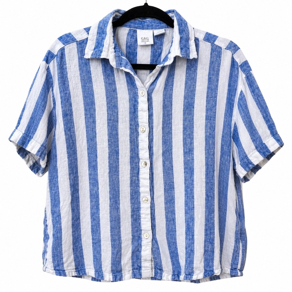 Womens Small Button Down Shirt Blue White Striped 100% Linen Coastal Hamptons